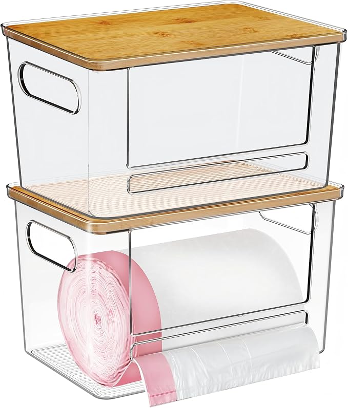 Trash Bag Dispenser 2 Pack - Under Sink Organizer, Plastic Bag Holder | Stackable Acrylic Garbage Bag Storage with Bamboo Lid for Kitchen Cabinet, 13/30/33 Gallon Grocery Bag Dispenser by Ginnerella