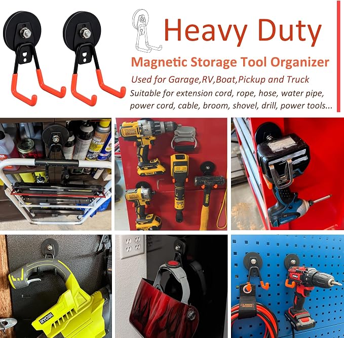 ULIBERMAGNET Heavy Duty Magnetic Garage Hooks,4 Pack Strong Large Magnet Hooks for Power Drill,Garden Tools,Hose,Pegboard,Garage, Workshop,Magnetic Storage Hooks for Indoor Outdoor Hanging(Orange) - Image 3