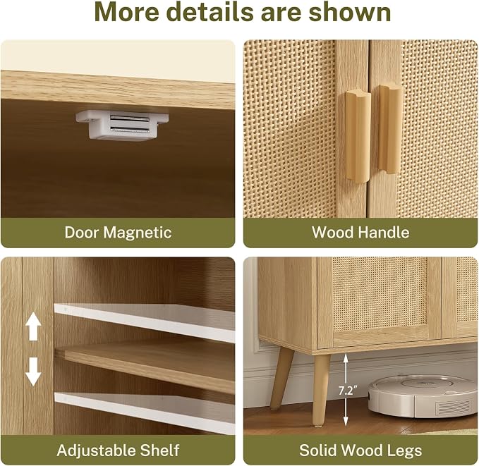 Iwell Storage Cabinet with 2 Shelves, Rattan Cabinet with 2 Doors, Sideboard Buffet Cabinets with Storage for Living Room, Dining Room, Entryway, Natural - Image 8