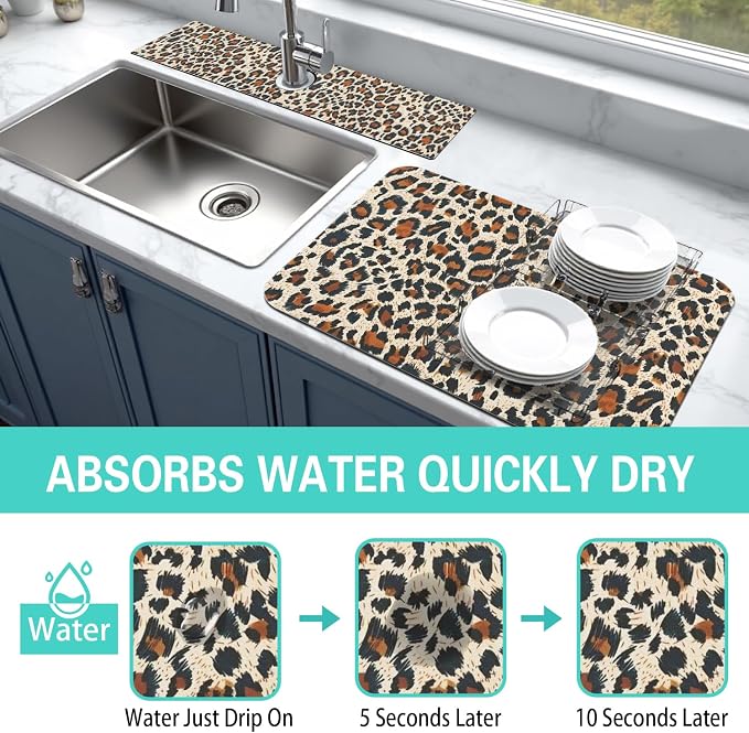 Dish Drying Mat for Kitchen Counter Matt, 2PCS 19"x12" Dish Drainer Mat & 24"x5.5" Sink Splash Guard, Super Absorbent Non-slip Rubber Backed - Image 3