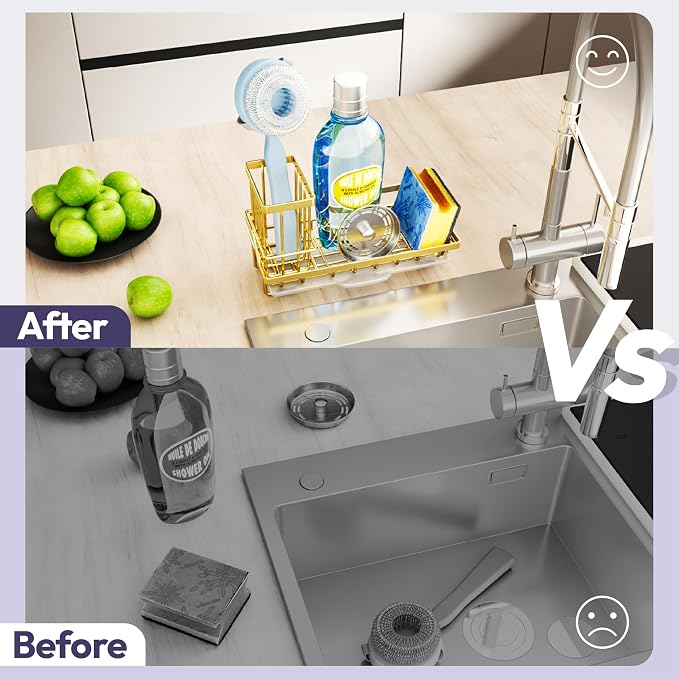 SWTYMIKI Sink Caddy Kitchen Sink Organizer with Detachable Brush Holder, Stainless Steel Sponge Holder with Removable Drip Tray Sponge Caddy for Kitchen Countertop, Gold - Image 6