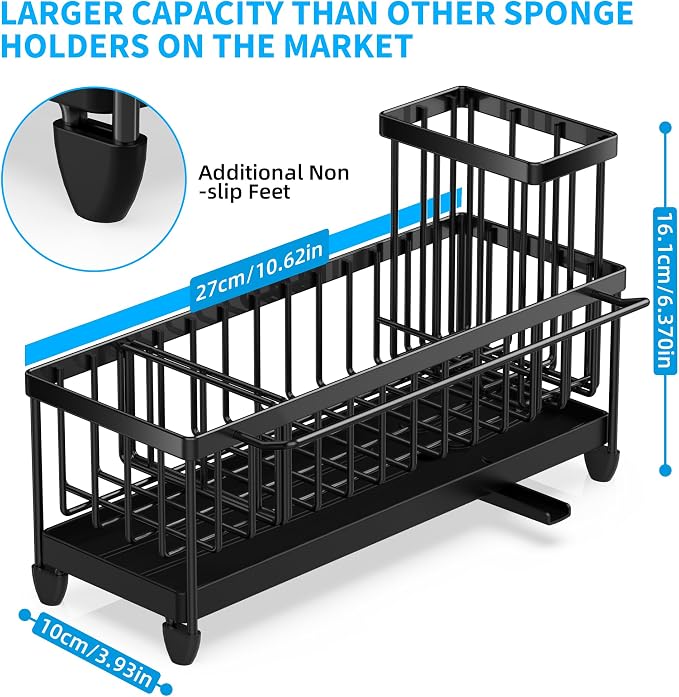 Moforoco Larger Version Sponge Holder for Kitchen Sink, Sink Caddy with High Brush Holder, Kitchen Sink Organizer Countertop Rustproof 304 Stainless Steel (Black with Towel Rack) - Image 5