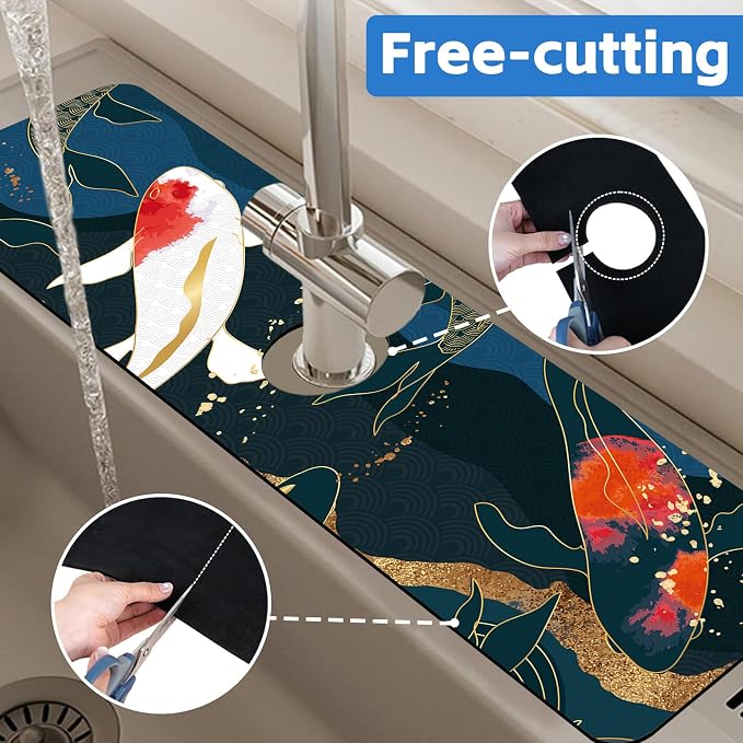Oriental Japanese Koi Fish Sink Faucet Absorbing Mat Sink Splash Guard Faucet Mat Draining Mat Fast Drying Sink Protectors for Kitchen and Bathroom 5.5"×24" - Image 7