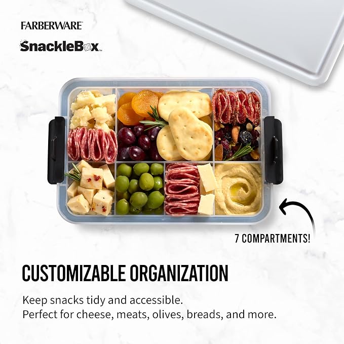 Farberware Small Build-a-Board Snacklebox with Locking Plastic Cutting Board Lid, Portable Charcuterie Storage with 7 Compartments (Pack of 4) - Image 3