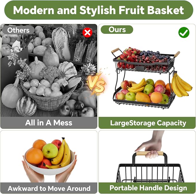 Simple Trending Fruit Basket 2-Tier Detachable, with Banana Hangers & Rust-Proof Metal Mesh, Ventilated Kitchen Organizer for Countertop, Perfect for Fruits, Vegetables, Snacks Storage - Image 4