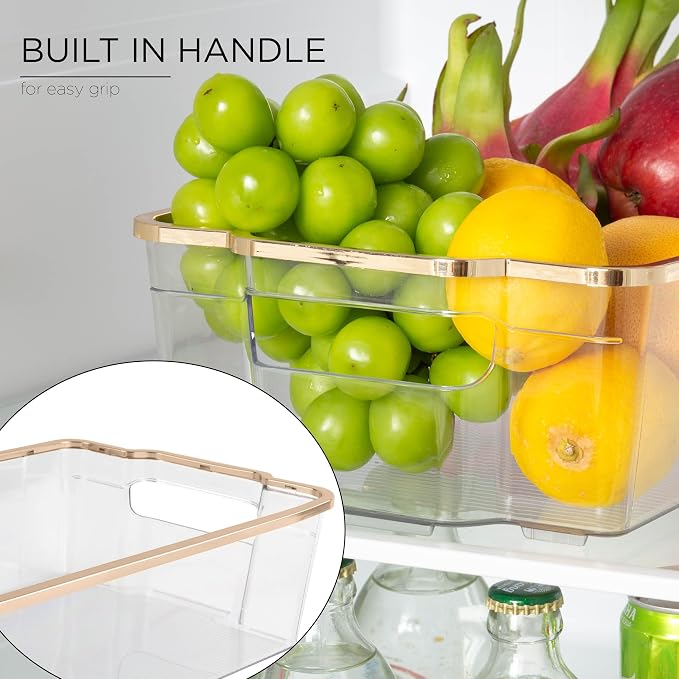 SIMPLEMADE Clear Refrigerator Organizer Bins - Clear Bins for Fridge, Containers for Fridge and Freezer, Multipurpose Storage for Kitchen, Office, Bathroom, Gold Rim (8.5" x 14.6") - Image 2