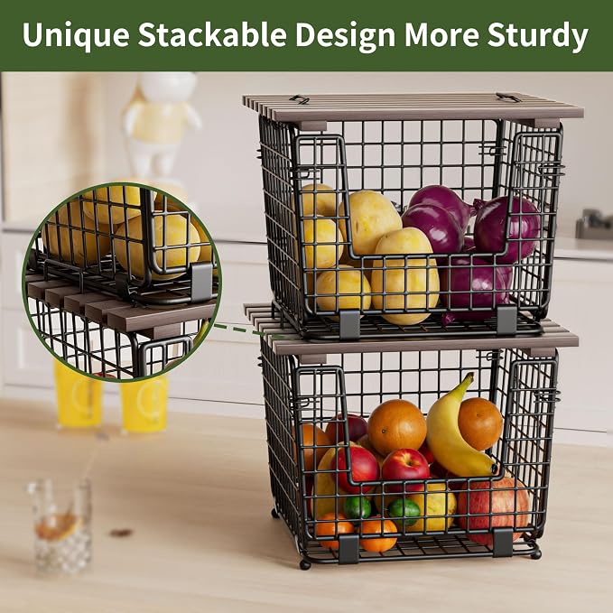 2 Pack Stackable Potato Onion Bins, Pantry Organizers and Storage | Wire Basket with Breathable Design for Garlic Fruits Vegetables Storage, Kitchen Counter Organizer - Image 3