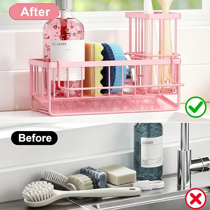 Sponge Holder for Kitchen Sink, Kitchen Sink Caddy, Kitchen Sink Sponge Holder, Dish Sponge Holder, Kitchen Sink Organizer for Sponge, Dish Brush, Scrubber(9.65" x 3.74" x 6.3", Pink) - Image 5