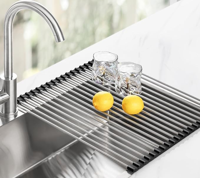 Tomorotec Roll Up Dish Drying Rack Over Sink, 304 Steel, 17.7x15.5, Black | Anti-Slip Silicone Rims For Grip, Heat-Resistant Trivet Mat Holding Heavy Cookware, Rustproof Kitchen Counter Space Saver - Image 9