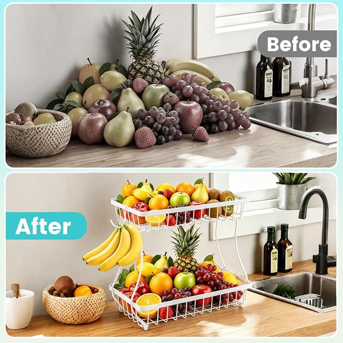 2-Tier Fruit Basket for Kitchen Counter with 2 Banana Hangers | Large Metal Fruit Bowl, Versatile Holder for Veggies, Produce Storage, 12.5"×7.5"×12"-White - Image 5