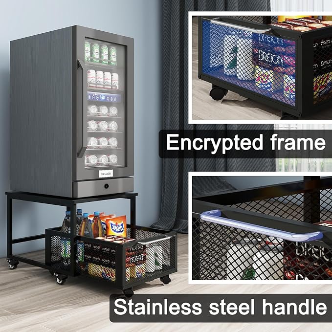 PUNCIA 19.7" x 23.6" Mini Fridge Stand with Large Capicity Storage, Black | Sturdy Refrigerator Table with Lockable Wheels, Rolling Fridge Cart Heavy Duty Appliance Platform for Dorm, Apartment Bedroom - Image 4