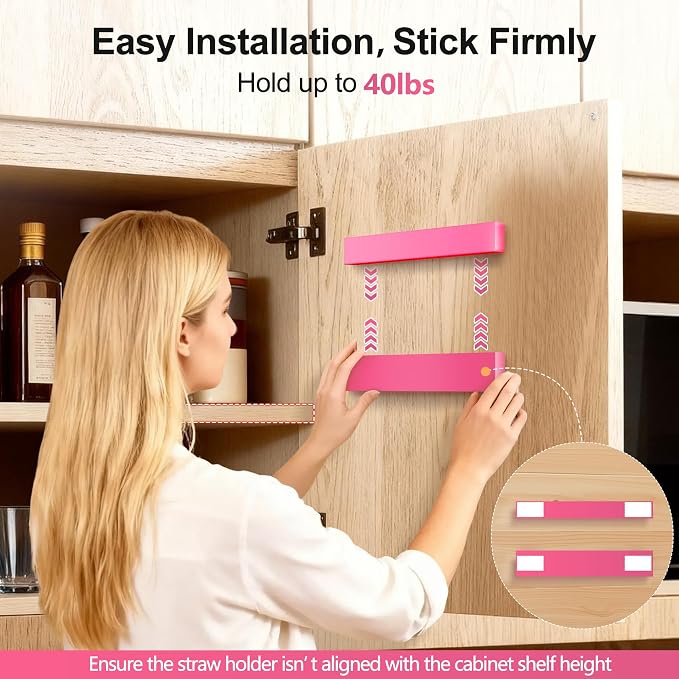 9.5” Large Acrylic Straw Holder for Cabinet Door, Adjustable Two-Part | Reusable Straws Organizer with Ultra Sticky Adhesive Strips, 2026 Straw Storage for Kitchen Cupboard (Hot Pink) - Image 7
