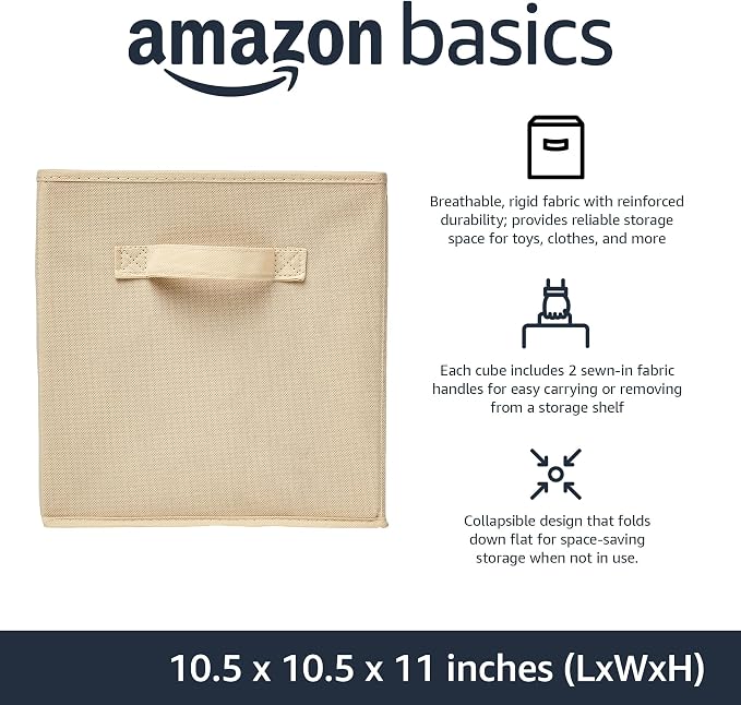 Amazon Basics Collapsible Fabric Storage Cubes Organizer with Handles, Sturdy Storage Bins for Organization, 10.5" x 10.5" x 11", Beige, 6 Count (Pack of 5) - Image 2