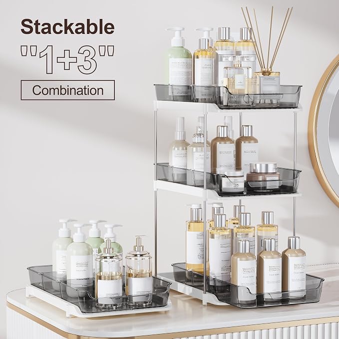 Delamu 2-Tier Multi-Purpose Bathroom Under Sink Organizers and Storage, Stackable Kitchen Pantry Organization, Pull Out Medicine Cabinet Organizer with Movable Dividers, Black, 2 Pack - Image 3
