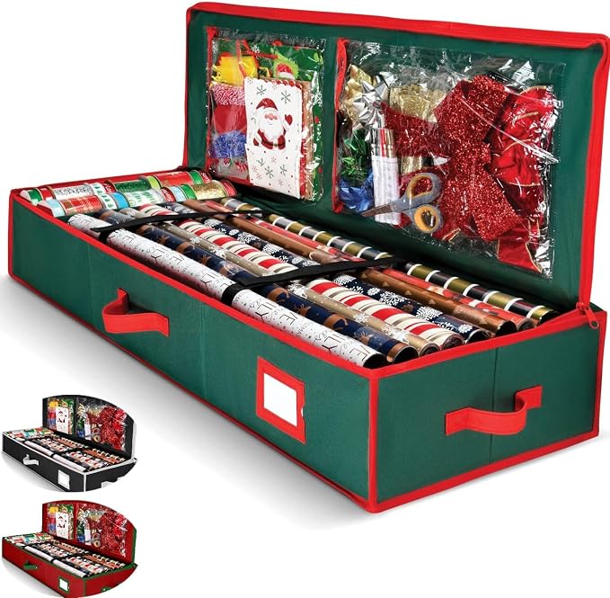 Premium Wrapping Paper Organizer Storage | Gift Wrap Holder With Extra Pockets for Christmas Decorations, Reinforced Handles, Heavy Duty, Ultra-Durable, Tear-Proof Fabric - Fits Up to 27 Rolls (Green) by Homior