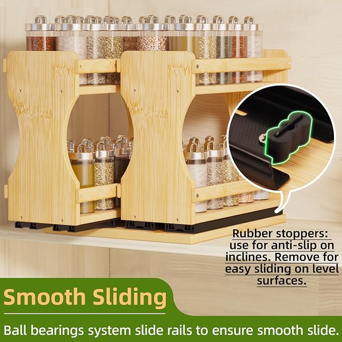 BAMEOS Pull Out Spice Rack Organizer for Cabinet, Bamboo Wide 9" Slide Out Seasoning Organizer for Kitchen, No Drill Anti-Tip Ball Bearing Silent Glides, Pantry Cabinet Organizer, Natural - Image 5