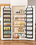 SNTD 8 Tiers Narrow Over the Door Organizer, 12.3"W x 4.7"D x 69"H, Black | Pantry Door Organizers and Storage, Height Adjustable Spice Rack, Dense Mesh Baskets, Anti-Swing, Adjustable Door Fastener by SNTD