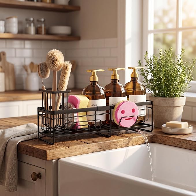 spospo Extendable Sponge Holder for Kitchen Sink Extra Large Sink Caddy | Adjustable Length Sink Caddy Organizer with High Brush Holder, Self-Draining Countertop Organizer - Image 6