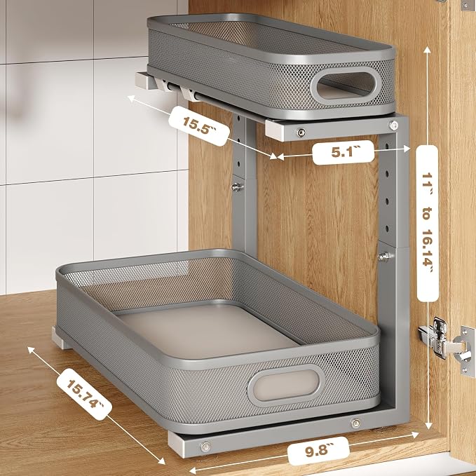 2 Pack 15.7IN-Depth Under Sink Organizer With Smooth Cylindrical Rail,2-Tier Pull Out Multi-Purpose Cabinet Storage for Bathroom&Kitchen,Height Adjustable,Rust-resistant Coating-Gun Gray - Image 2