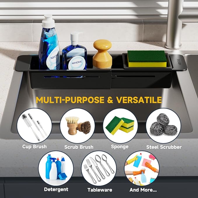 NiHome Extendable Kitchen Sink Caddy, Small Brush Sponge Storage Holder | Expandable Kitchen In Sink Organizer for Brush & Sponge with Drainage, Adjustable Length, Non-Slip Pads, Durable ABS (Black) - Image 7