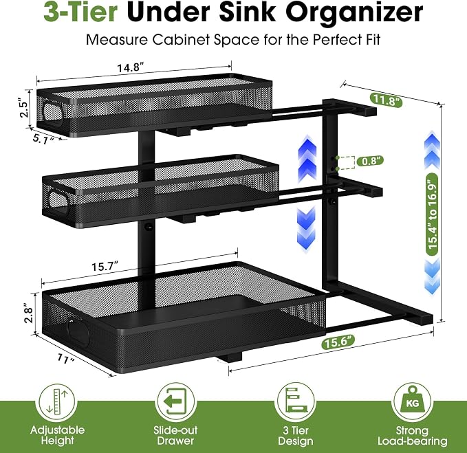 Under Sink Organizer 3 Tier, 4 Pack L-Shaped Pull-Out Cabinet Organizer with Sliding Metal Mesh Drawers, Height Adjustable Under Sink Storage Rack for Kitchen Bathroom Cabinet, Black - Image 2