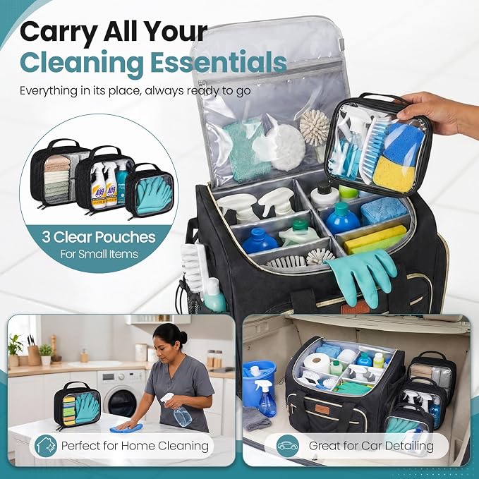 INSMEER Cleaning Caddy with Wheels,3 Removable Clear Bag and 1 Shoulder Bag | Large Cleaning Cart on Wheels,Water Resistant Cleaner Supplies Organizer with Wheels for Kitchen, Tool Organizer - Image 7