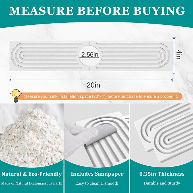 Stone Faucet Mat for Kitchen Sink - Quick Dry Diatomite Sink Splash Guard, Prevents Moisture Buildup & Water Stains, Water Absorbing Stone Tray for Bathroom Countertop (White, 20" x 4") - Image 3