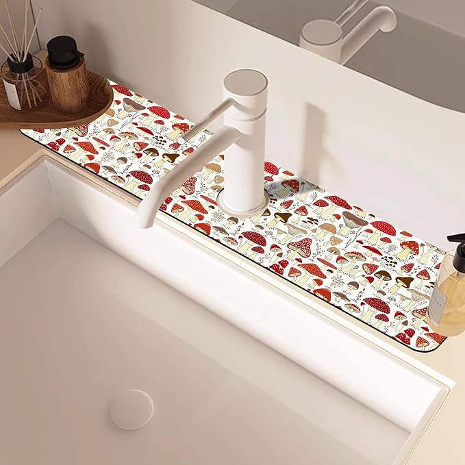 Cartoon Mushrooms Dish Drying Mat for Kitchen Sink Splash Guard Behind Faucet Sink Mat Absorbent Fast Drying Faucet Draining Mat for Bathroom Kitchen 5.5"×24" - Image 2