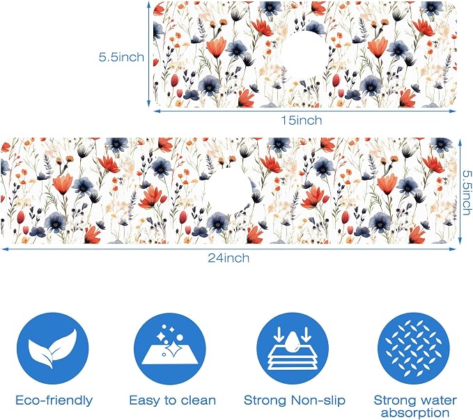 Watercolor Red and Blue Flowers Sink Faucet Absorbing Mat Sink Splash Guard Faucet Mat Draining Mat Fast Drying Sink Protectors for Kitchen and Bathroom 5.5"×15" - Image 3