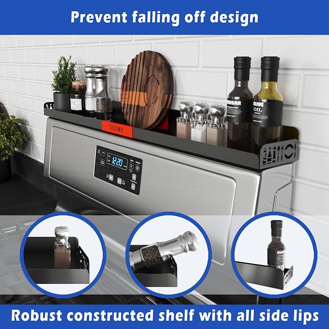 STUTOV 30" Magnetic Stove Top Shelf – Black Spice Rack with Red Logo and Seasoning Organizer – Kitchen Shelf for Back of Stove – Over Stove Rack and Storage Organizer - Image 5