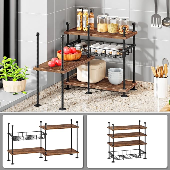 HOOBRO Kitchen Countertop Organizer, 4-Tier Adjustable Kitchen Storage Shelf with Rods & Leveling Feet, 3 Configurations, for Cabinet, Countertop, Bathroom, Office, Rustic Brown and Black BF21TL01 - Image 8