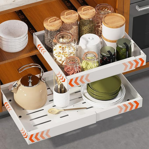 1 Pack Expandable Pull Out Cabinet Organizer 16.5" Deep, Adjustable Width 12.6"-20.5", No Drill Adhesive with Triple Track Rails, Heavy Duty Slide Out Drawers for Kitchen,Pantry,Cabinets,White by Landmok