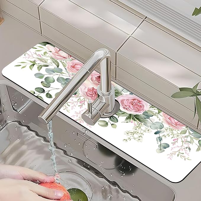 Faucet Mat for Kitchen Sink Watercolor Floral Pink Flowers Sink Splash Guard Behind Faucet Soft Diatom Mud Material Non-slip Easy to Clean for Bathroom & Kitchen 24"X5.5" - Image 6
