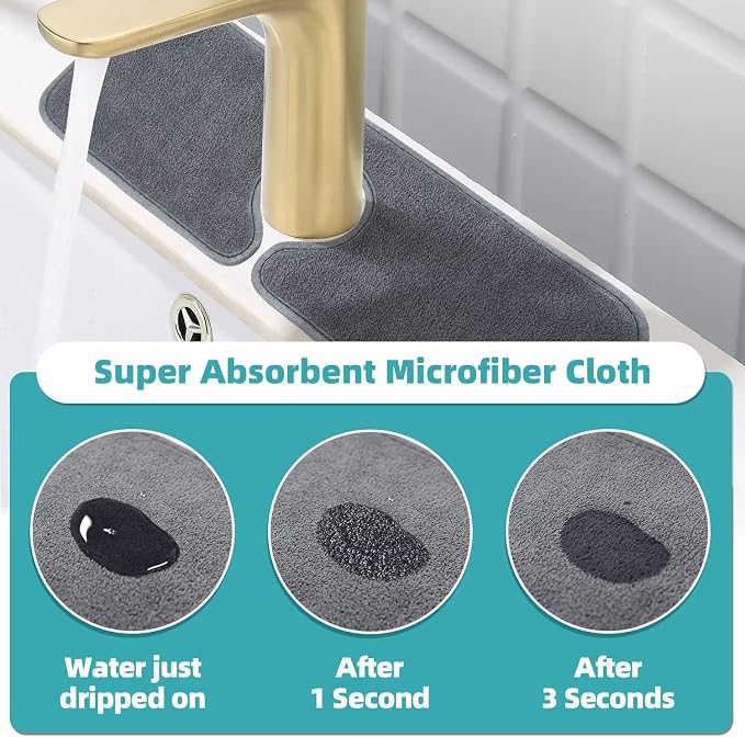 PoYang 2 Pack Faucet Mat for Kitchen Sink Splash Guard, Short 17.7x4.7 Inch | Super Absorbent Microfiber Faucet Mat, Catch Splashes and Drips, Machine Washable Sink Protectors for Kitchen, Bathroom & RV - Image 4