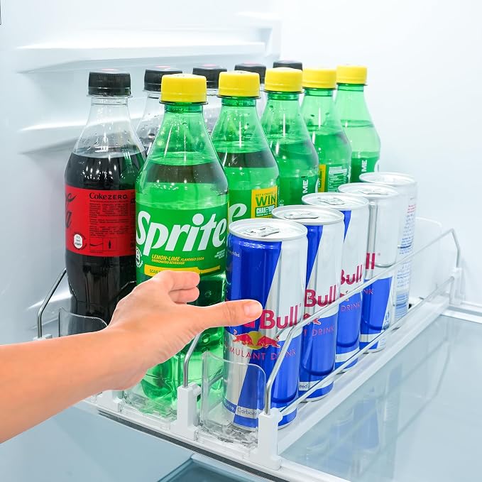Upgraded Premium Drink Organizer for Fridge. Ultra Space Saving Soda Can Organizer for refrigerator with Larger Stopper Height and Automatic Pusher with Locking Feature. Holds 15 Cans (3 Rows, White) by SIPSORT