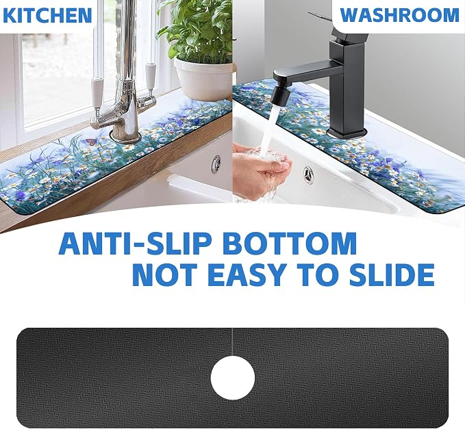 Kitchen Faucet Mat Beautiful Flowers Butterfly Sink Splash Guard Behind Faucet Draining Mat Kitchen Accessories Non-slip Easy to Clean for Bathroom & Kitchen 24"X5.5" - Image 7