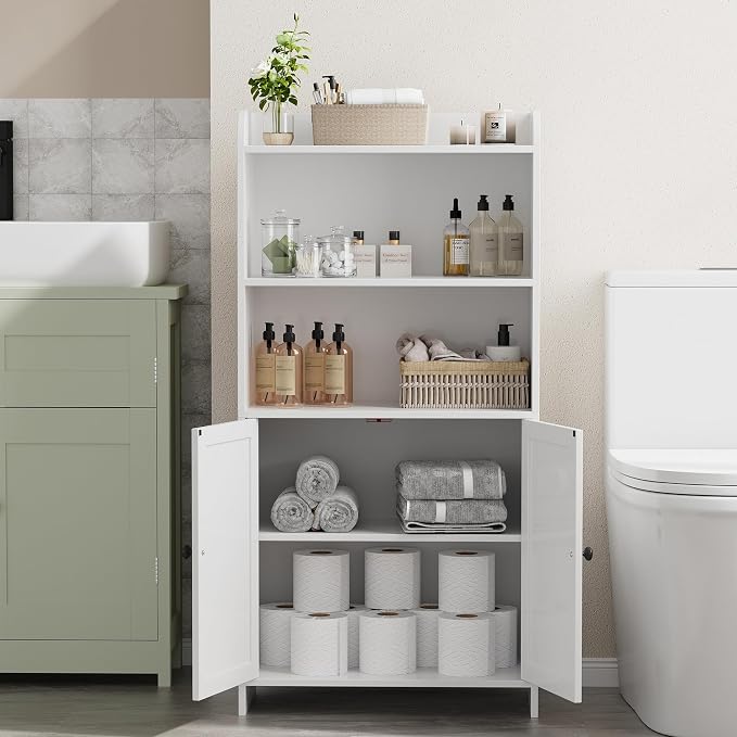 Homhedy Small Bathroom Storage Cabinet, Toilet Paper Storage Cabinet | Bathroom Floor Cabinet with Doors and Shelves, Bathroom Organizers for Small Spaces, 9.8" D x 19.7" W x 39.9" H, White - Image 5