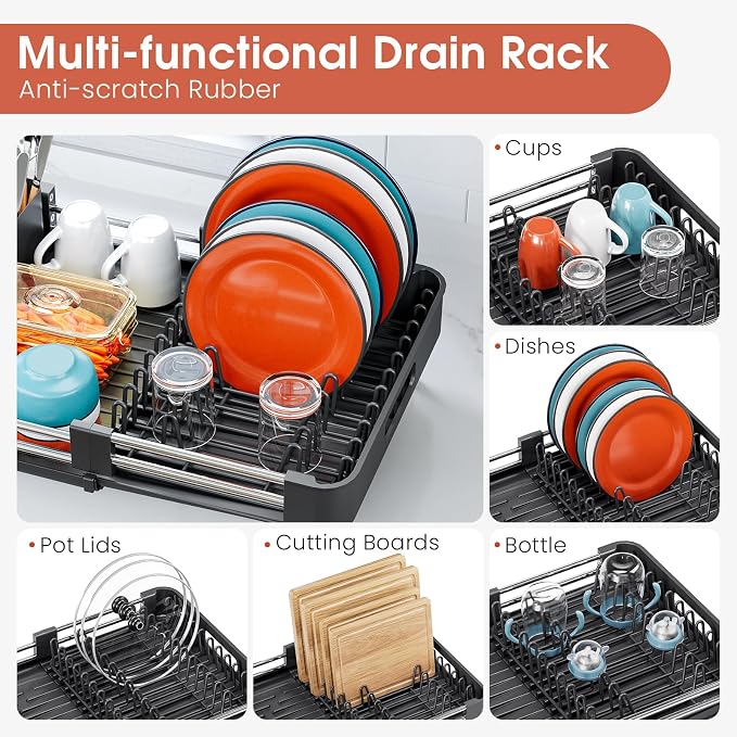 TOOLF Expandable Dish Drying Rack with Cutlery Holder, Standard, Black | Stainless Steel &PP, Extenable 12.6"-18.7"D, Anti-Rust, Auto-Drainage, Space-Saving, Fit for RV, Apartment Sink Countertop - Image 5