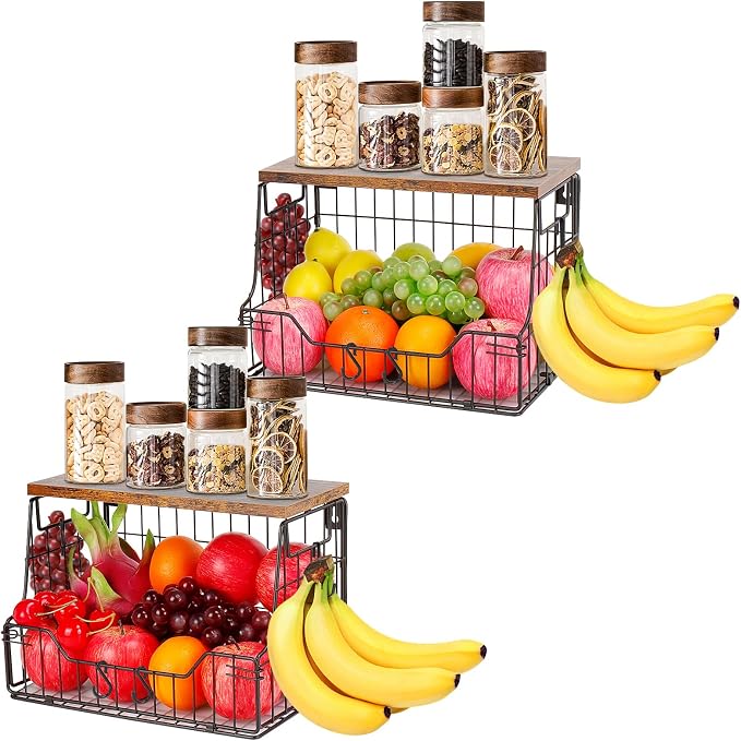 Livabber Fruit Basket for Kitchen, Metal Fruit Vegetable Storage Bin with 2 Banana Hangers, Countertop Wire Basket Organizer for Snack Potato Onion, Screw Mounted or Stand (Black, 2 Pack) by Livabber