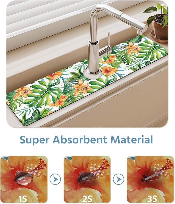 Patterned Sink Faucet Mat Kitchen Splash Guard Super Absorbent Drying Mat, Non-Slip Drain Pad for Kitchen Counter or Bathroom-15x5.5in - Image 5