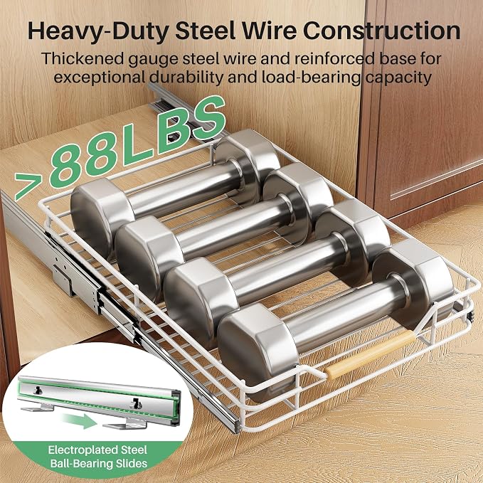 Pull out Cabinet Organizer, 15"W X 21"D, Heavy Duty Smooth Sliding Under Cabinet Shelves for Pots and Pans, Full-Extension Roll out Drawers, Slide out Organization for Home Kitchen Pantry, White - Image 6
