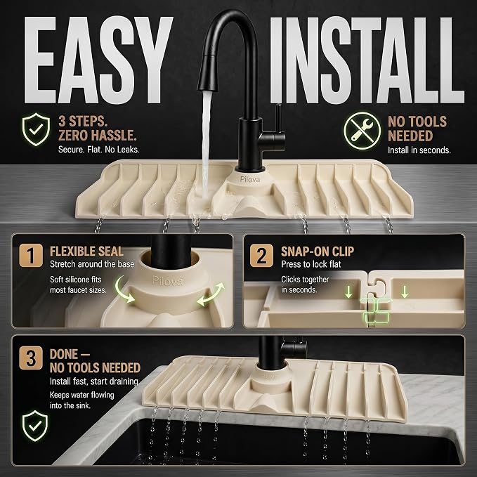 Premium Kitchen Sink Splash Guard – 18" x 5.7" Silicone Faucet Mat with Secure Pressure Clip, True 10° 3D Drainage(No Pooling), Anti-Lift Design, Flexible Leak-Sealing Ring, Non-Slip Fit Behind Faucet - Image 2