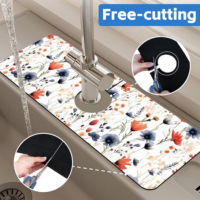 Watercolor Red and Blue Flowers Sink Faucet Absorbing Mat Sink Splash Guard Faucet Mat Draining Mat Fast Drying Sink Protectors for Kitchen and Bathroom 5.5"×15" - Image 7