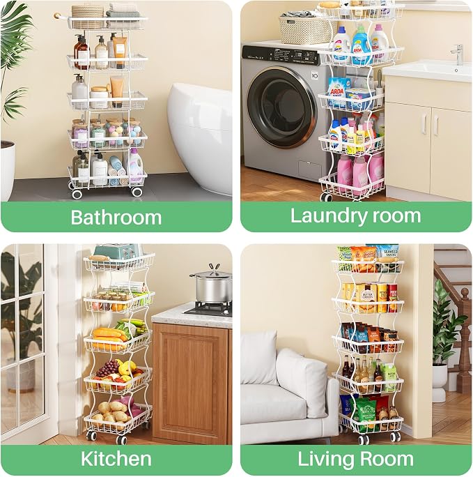SAYZH 5-Tier Fruit Basket Stand with Vegetable Baskets for Kitchen, White | Stackable Metal Wire Basket, Sturdy Rolling Storage Carts for Kitchen, Pantry Organizer, Snack and Jar Storage - Image 8