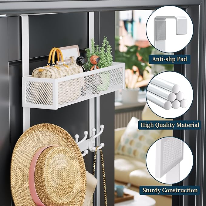 Consumest Over The Door Hooks Organizer - 2 Tier Over Door Hanger with 16 Hooks & 2 Baskets for Hanging Coat, Clothing, Towel, Back Storage for Bathroom, Closet, College Dorm, White - Image 6