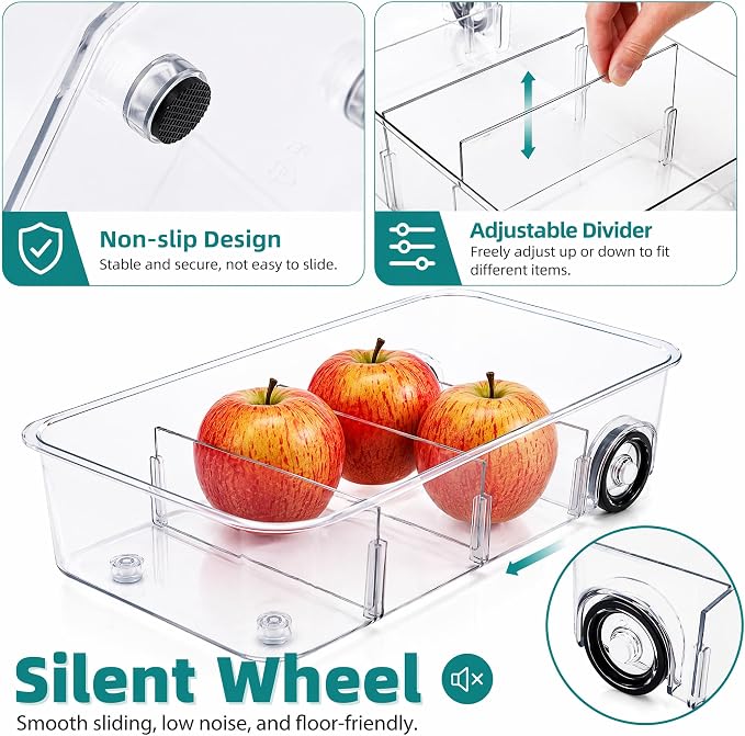 2 Pack Refrigerator Organizer Bin with Wheels, Roll Out Pantry Storage with Dividers, Clear Plastic Refrigerator Drawer, Upgrade Thick Fridge Caddy for Under Sink, Kitchen Organization - Image 3