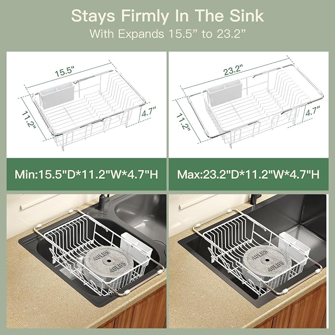 White Dish Drying Rack Over The Sink with Utensil Holder, Mat | Expandable Stainless Steel Dish Drainer for Small Kitchen, Apartment, RV, Counter Space Saving, Perfect Fit, Rustproof - Image 3