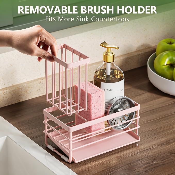 Cisily Pink Sink Caddy Sponge Holder for Kitchen with Brush Holder and Stainless Steel Self Drain Tray, Rustproof Kitchen Sink Organizer for Sponge, Soap Dispenser Storage Accessories - Image 4