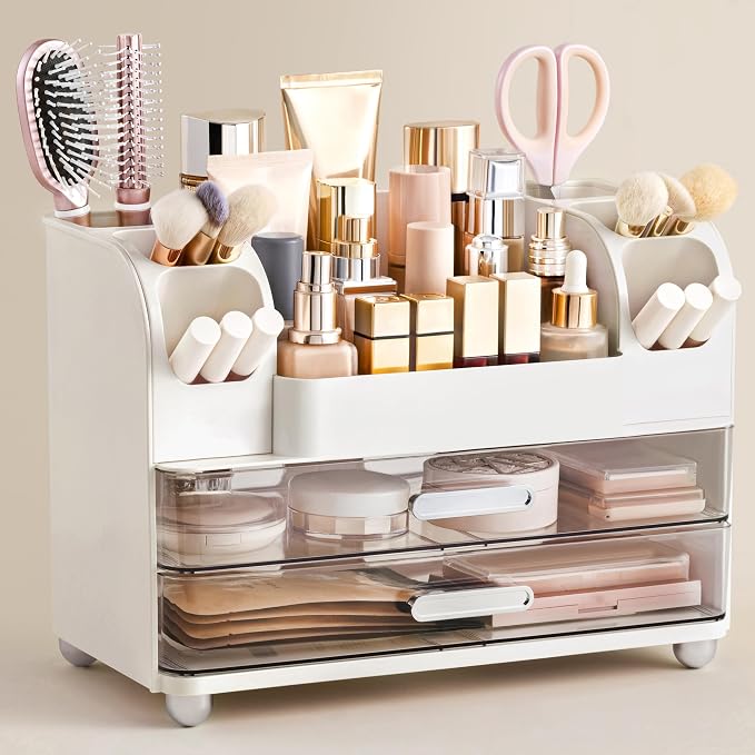 HBlife Makeup Organizer for Vanity with Brush Holder, Large Bathroom Countertop Cosmetic Organizer Skin Care Storage, Easy to Store Lipsticks, Nail Polishes, Perfumes, Eyeshadow Palettes, White by HBlife
