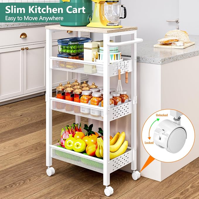 Vivihomety 4-Tier Laundry Utility Rolling Storage Cart with Wheels, Metal | Narrow 8.1" wide, lockable wheels, wood top panel, metal frame, for laundry room, small spaces, pantry, tight gaps, White - Image 2